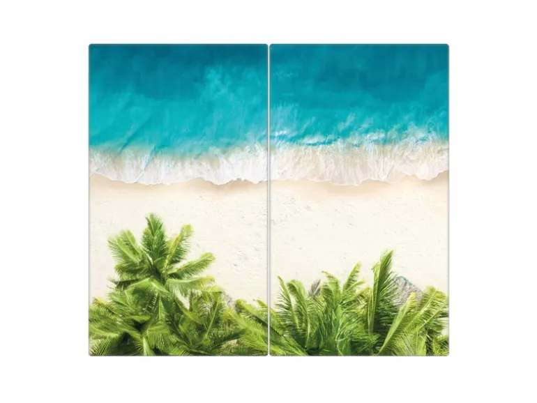 Banjado Herdabdeckplatte Glas 2 Teilig Je 30x52CM Schneidebrett Herdabdeckung Mit Motiv Strandtag