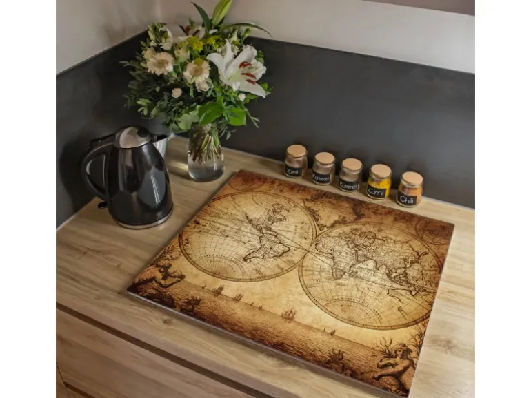 Banjado Herdabdeckplatte Glas 1 Teilig 60x52CM Schneidebrett Herdabdeckung Mit Motiv Sieben Weltmeere