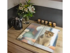 Banjado Herdabdeckplatte Glas 2 Teilig Je 30x52CM Schneidebrett Herdabdeckung Mit Motiv Kleine Katze