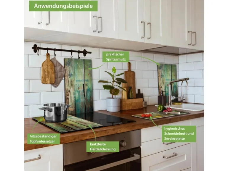 Banjado Herdabdeckplatte Glas 2 Teilig Je 30x52CM Schneidebrett Herdabdeckung Mit Motiv Grünes Holz