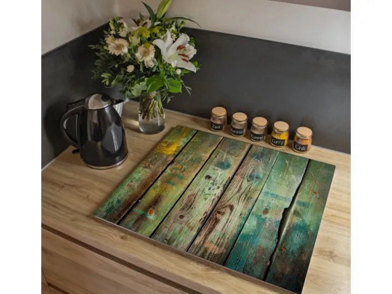 Banjado Herdabdeckplatte Glas 2 Teilig Je 30x52CM Schneidebrett Herdabdeckung Mit Motiv Grünes Holz