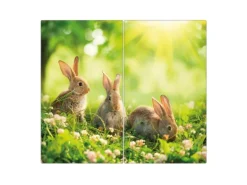 Banjado Herdabdeckplatte Glas 2 Teilig Je 30x52CM Schneidebrett Herdabdeckung Mit Motiv Drei Hasen