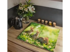 Banjado Herdabdeckplatte Glas 2 Teilig Je 30x52CM Schneidebrett Herdabdeckung Mit Motiv Drei Hasen