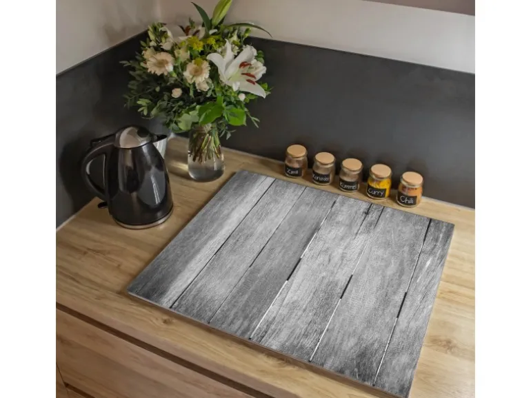 Banjado Herdabdeckplatte Glas 1 Teilig 60x52CM Schneidebrett Herdabdeckung Mit Motiv Holz Monochrom