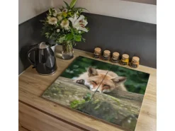 Banjado Herdabdeckplatte Glas 2 Teilig Je 30x52CM Schneidebrett Herdabdeckung Mit Motiv Fuchs Relax