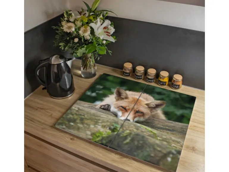 Banjado Herdabdeckplatte Glas 2 Teilig Je 30x52CM Schneidebrett Herdabdeckung Mit Motiv Fuchs Relax