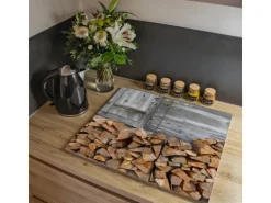 Banjado Herdabdeckplatte Glas 2 Teilig Je 30x52CM Schneidebrett Herdabdeckung Mit Motiv Feuerholz