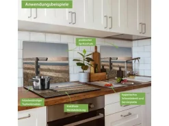 Banjado Herdabdeckplatte Glas 1 Teilig 60x52CM Schneidebrett Herdabdeckung Mit Motiv Zaun Am Meer