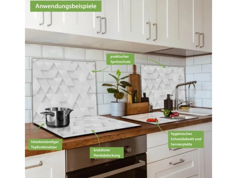 Banjado Herdabdeckplatte Glas 1 Teilig 60x52CM Schneidebrett Herdabdeckung Mit Motiv Weisse Dreiecke