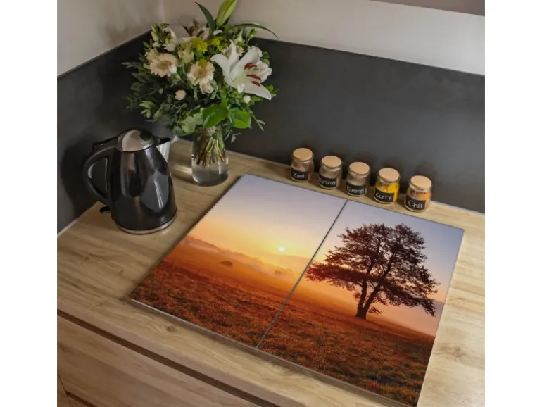 Banjado Herdabdeckplatte Glas 2 Teilig Je 30x52CM Schneidebrett Herdabdeckung Mit Motiv Sonnenaufgang