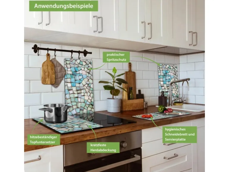 Banjado Herdabdeckplatte Glas 2 Teilig Je 30x52CM Schneidebrett Herdabdeckung Mit Motiv Mosaik Blau