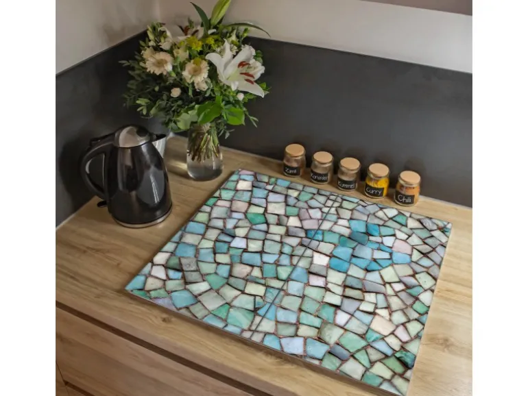 Banjado Herdabdeckplatte Glas 2 Teilig Je 30x52CM Schneidebrett Herdabdeckung Mit Motiv Mosaik Blau