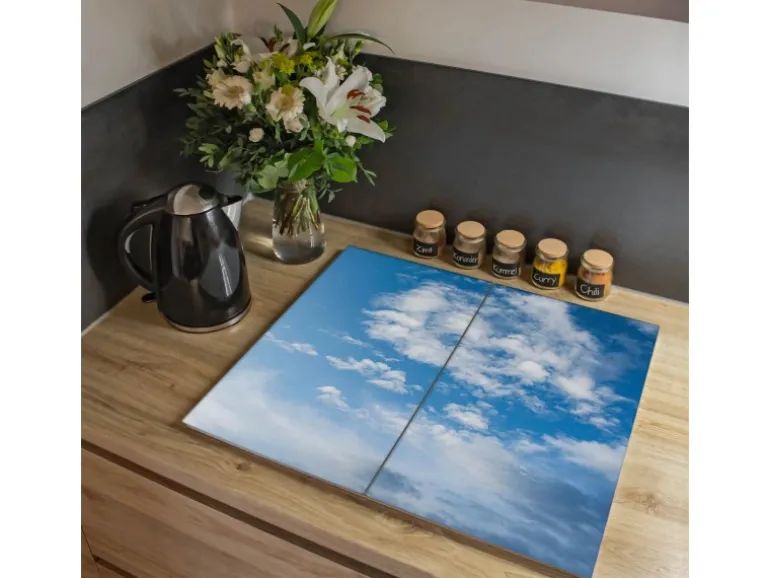 Banjado Herdabdeckplatte Glas 2 Teilig Je 30x52CM Schneidebrett Herdabdeckung Mit Motiv Wolken 1
