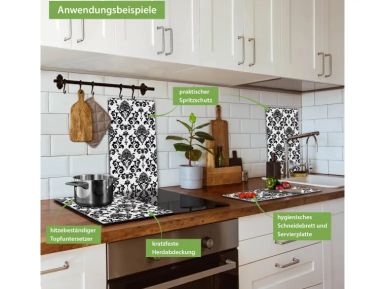 Banjado Herdabdeckplatte Glas 2 Teilig Je 30x52CM Schneidebrett Herdabdeckung Mit Motiv Barock