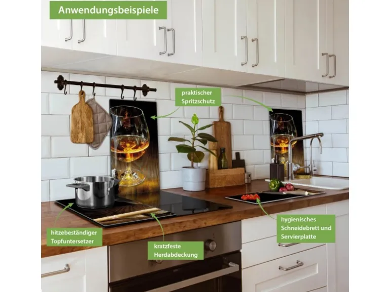 Banjado Herdabdeckplatte Glas 2 Teilig Je 30x52CM Schneidebrett Herdabdeckung Mit Motiv Whiskey & Cigar