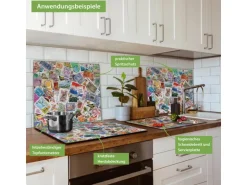 Banjado Herdabdeckplatte Glas 1 Teilig 60x52CM Schneidebrett Herdabdeckung Mit Motiv Briefmarken