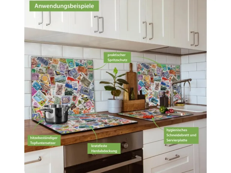 Banjado Herdabdeckplatte Glas 1 Teilig 60x52CM Schneidebrett Herdabdeckung Mit Motiv Briefmarken
