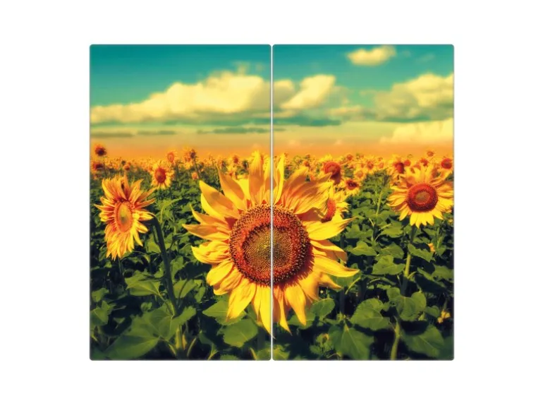 Banjado Herdabdeckplatte Glas 2 Teilig Je 30x52CM Schneidebrett Herdabdeckung Mit Motiv Sonnenblumen