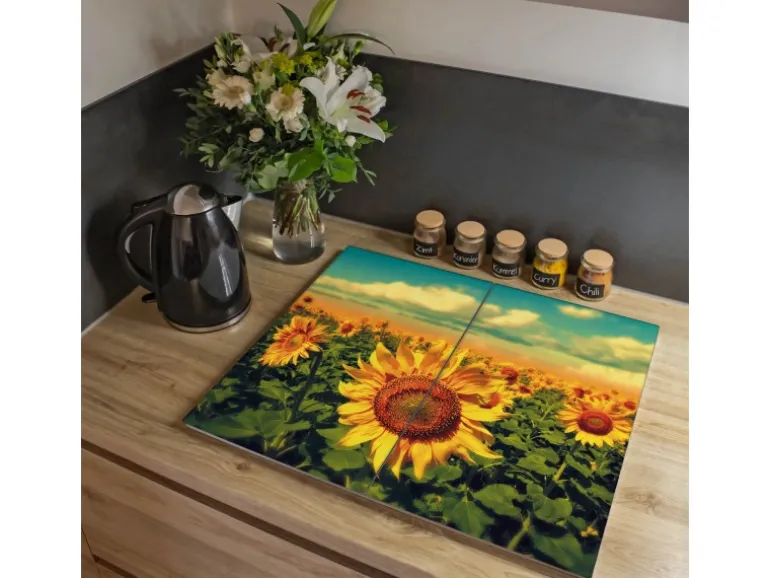 Banjado Herdabdeckplatte Glas 2 Teilig Je 30x52CM Schneidebrett Herdabdeckung Mit Motiv Sonnenblumen