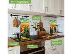 Banjado Herdabdeckplatte Glas 2 Teilig Je 30x52CM Schneidebrett Herdabdeckung Mit Motiv Sonnenblumen