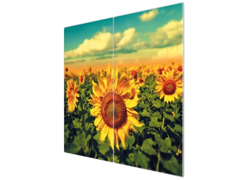 Banjado Herdabdeckplatte Glas 2 Teilig Je 30x52CM Schneidebrett Herdabdeckung Mit Motiv Sonnenblumen