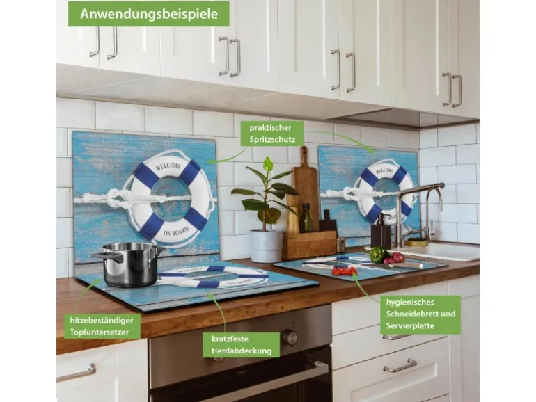 Banjado Herdabdeckplatte Glas 1 Teilig 60x52CM Schneidebrett Herdabdeckung Mit Motiv Blauer Rettungsring