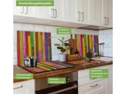 Banjado Herdabdeckplatte Glas 1 Teilig 60x52CM Schneidebrett Herdabdeckung Mit Motiv Holz Collage Bunt