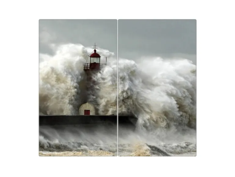 Banjado Herdabdeckplatte Glas 2 Teilig Je 30x52CM Schneidebrett Herdabdeckung Mit Motiv Fels In Der Brandung