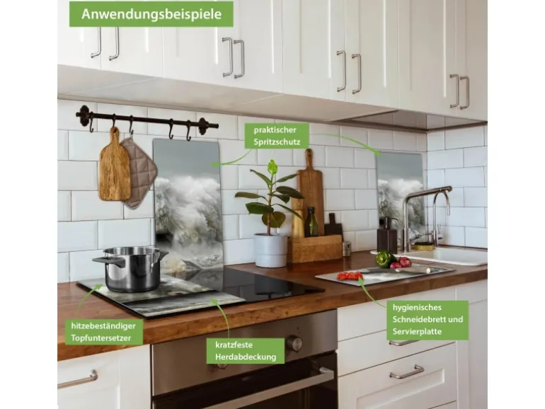 Banjado Herdabdeckplatte Glas 2 Teilig Je 30x52CM Schneidebrett Herdabdeckung Mit Motiv Fels In Der Brandung