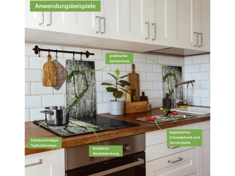 Banjado Herdabdeckplatte Glas 2 Teilig Je 30x52CM Schneidebrett Herdabdeckung Mit Motiv Herz Aus Moos