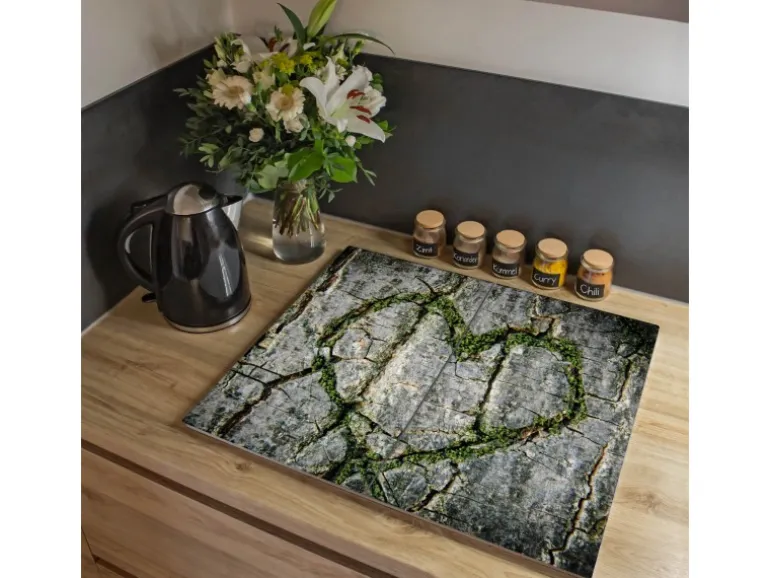 Banjado Herdabdeckplatte Glas 2 Teilig Je 30x52CM Schneidebrett Herdabdeckung Mit Motiv Herz Aus Moos