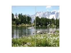 Banjado Herdabdeckplatte Glas 2 Teilig Je 30x52CM Schneidebrett Herdabdeckung Mit Motiv Bergidylle