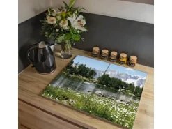 Banjado Herdabdeckplatte Glas 2 Teilig Je 30x52CM Schneidebrett Herdabdeckung Mit Motiv Bergidylle