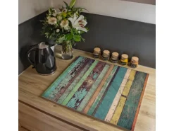 Banjado Herdabdeckplatte Glas 2 Teilig Je 30x52CM Schneidebrett Herdabdeckung Mit Motiv Bunte Bretterwand