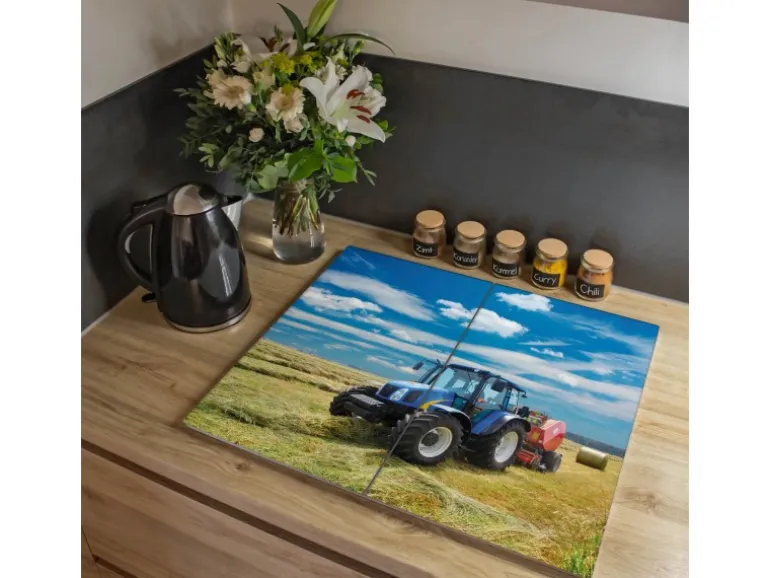 Banjado Herdabdeckplatte Glas 2 Teilig Je 30x52CM Schneidebrett Herdabdeckung Mit Motiv Traktor
