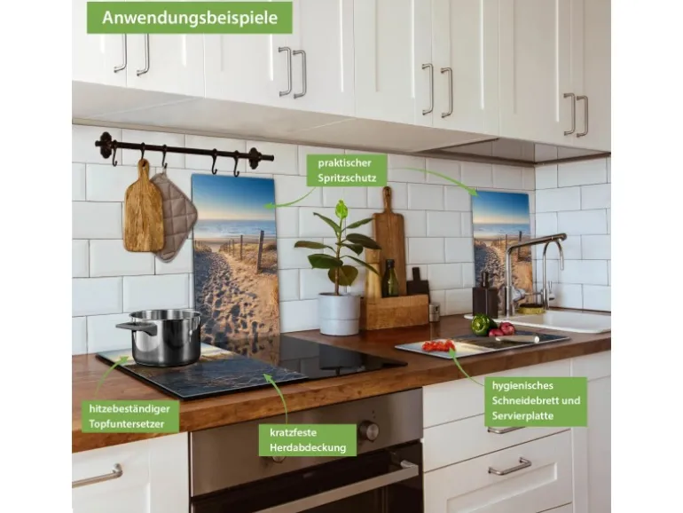 Banjado Herdabdeckplatte Glas 2 Teilig Je 30x52CM Schneidebrett Herdabdeckung Mit Motiv Nordseestrand