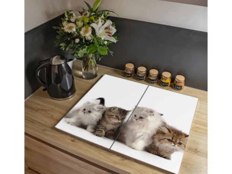 Banjado Herdabdeckplatte Glas 2 Teilig Je 30x52CM Schneidebrett Herdabdeckung Mit Motiv Kaetzchen