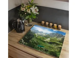 Banjado Herdabdeckplatte Glas 1 Teilig 60x52CM Schneidebrett Herdabdeckung Mit Motiv Bergsee Alpen