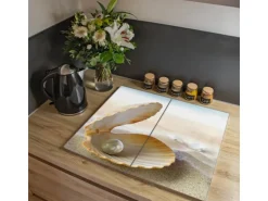 Banjado Herdabdeckplatte Glas 2 Teilig Je 30x52CM Schneidebrett Herdabdeckung Mit Motiv Perlenmuschel
