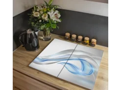 Banjado Herdabdeckplatte Glas 2 Teilig Je 30x52CM Schneidebrett Herdabdeckung Mit Motiv Blauer Schleier