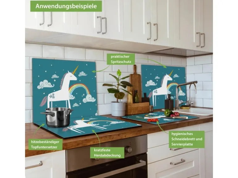 Banjado Herdabdeckplatte Glas 1 Teilig 60x52CM Schneidebrett Herdabdeckung Mit Motiv Einhorn