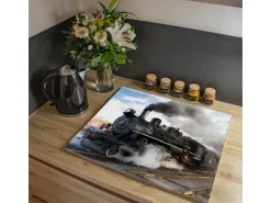 Banjado Herdabdeckplatte Glas 1 Teilig 60x52CM Schneidebrett Herdabdeckung Mit Motiv Dampflok