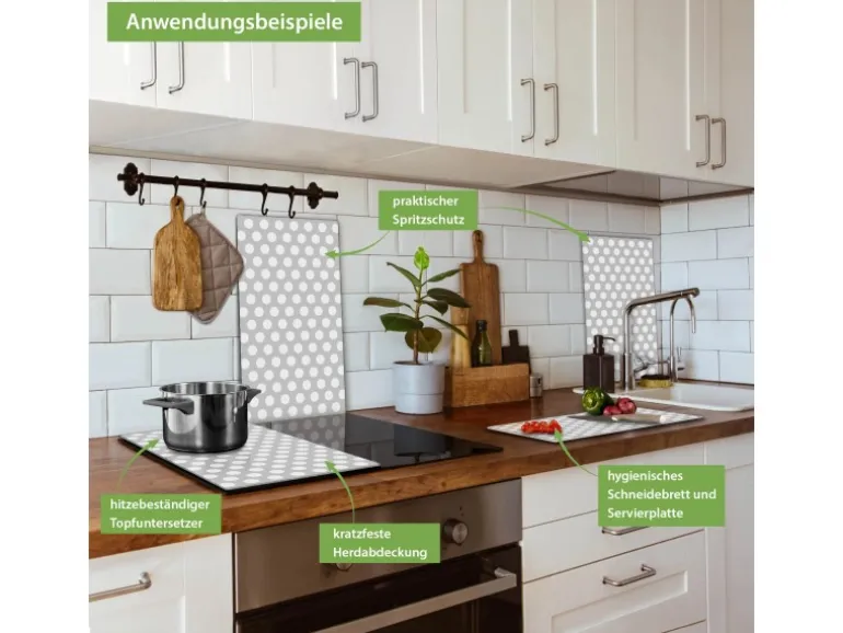 Banjado Herdabdeckplatte Glas 2 Teilig Je 30x52CM Schneidebrett Herdabdeckung Mit Motiv Punkte Grau