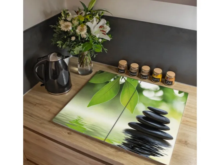 Banjado Herdabdeckplatte Glas 2 Teilig Je 30x52CM Schneidebrett Herdabdeckung Mit Motiv Steine&Relax