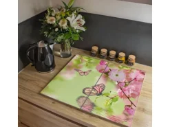 Banjado Herdabdeckplatte Glas 2 Teilig Je 30x52CM Schneidebrett Herdabdeckung Mit Motiv Japanische Kirschblüte