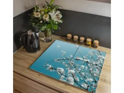 Banjado Herdabdeckplatte Glas 2 Teilig Je 30x52CM Schneidebrett Herdabdeckung Mit Motiv Weiße Kirschblüten
