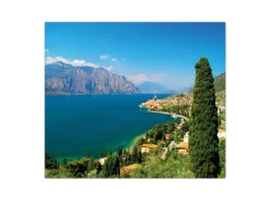 Banjado Herdabdeckplatte Glas 1 Teilig 60x52CM Schneidebrett Herdabdeckung Mit Motiv Gardasee