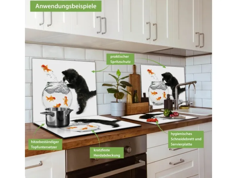 Banjado Herdabdeckplatte Glas 1 Teilig 60x52CM Schneidebrett Herdabdeckung Mit Motiv Katze Und Fisch