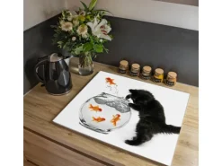 Banjado Herdabdeckplatte Glas 1 Teilig 60x52CM Schneidebrett Herdabdeckung Mit Motiv Katze Und Fisch