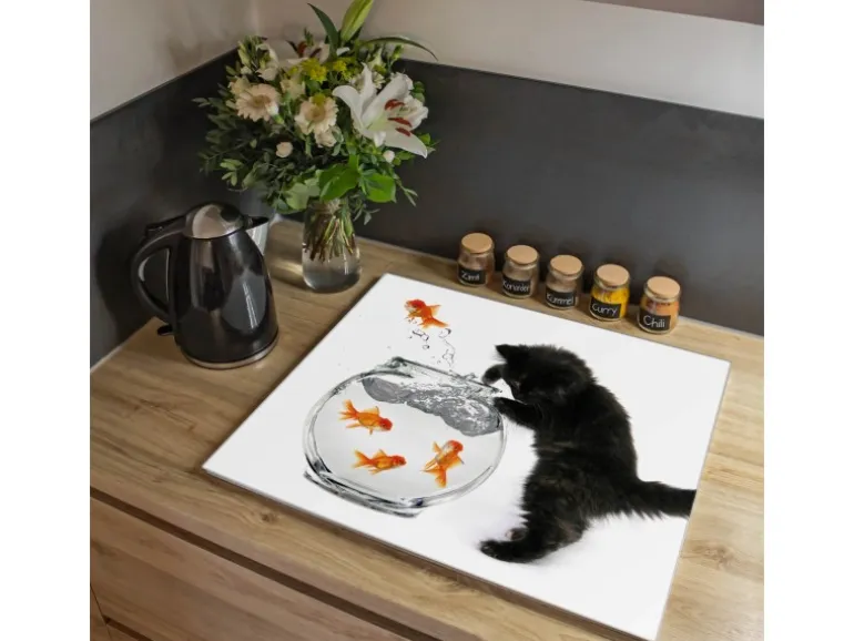 Banjado Herdabdeckplatte Glas 1 Teilig 60x52CM Schneidebrett Herdabdeckung Mit Motiv Katze Und Fisch